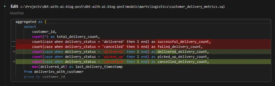 Claude Code showing a diff after renaming columns